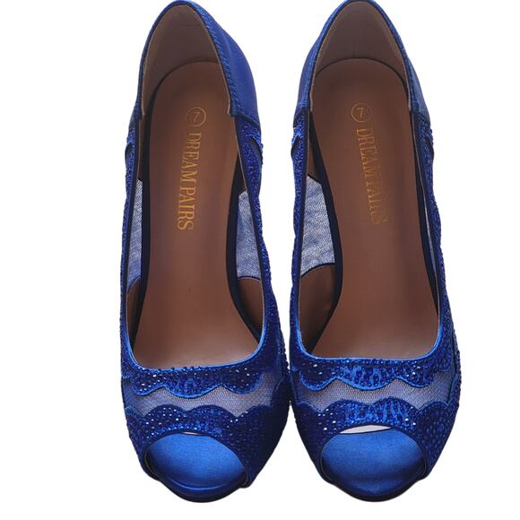 Blue Satin Open Toe Beaded Stiletto High Heel Pump Shoes 7 - Picture 6 of 7